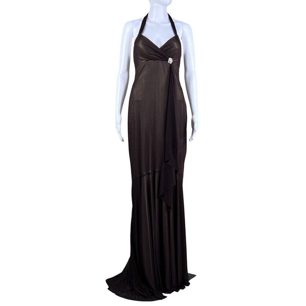 Cache Womens 8 Halter Backless Brown Gold Shimmer Evening Gown Rhinestone Accent